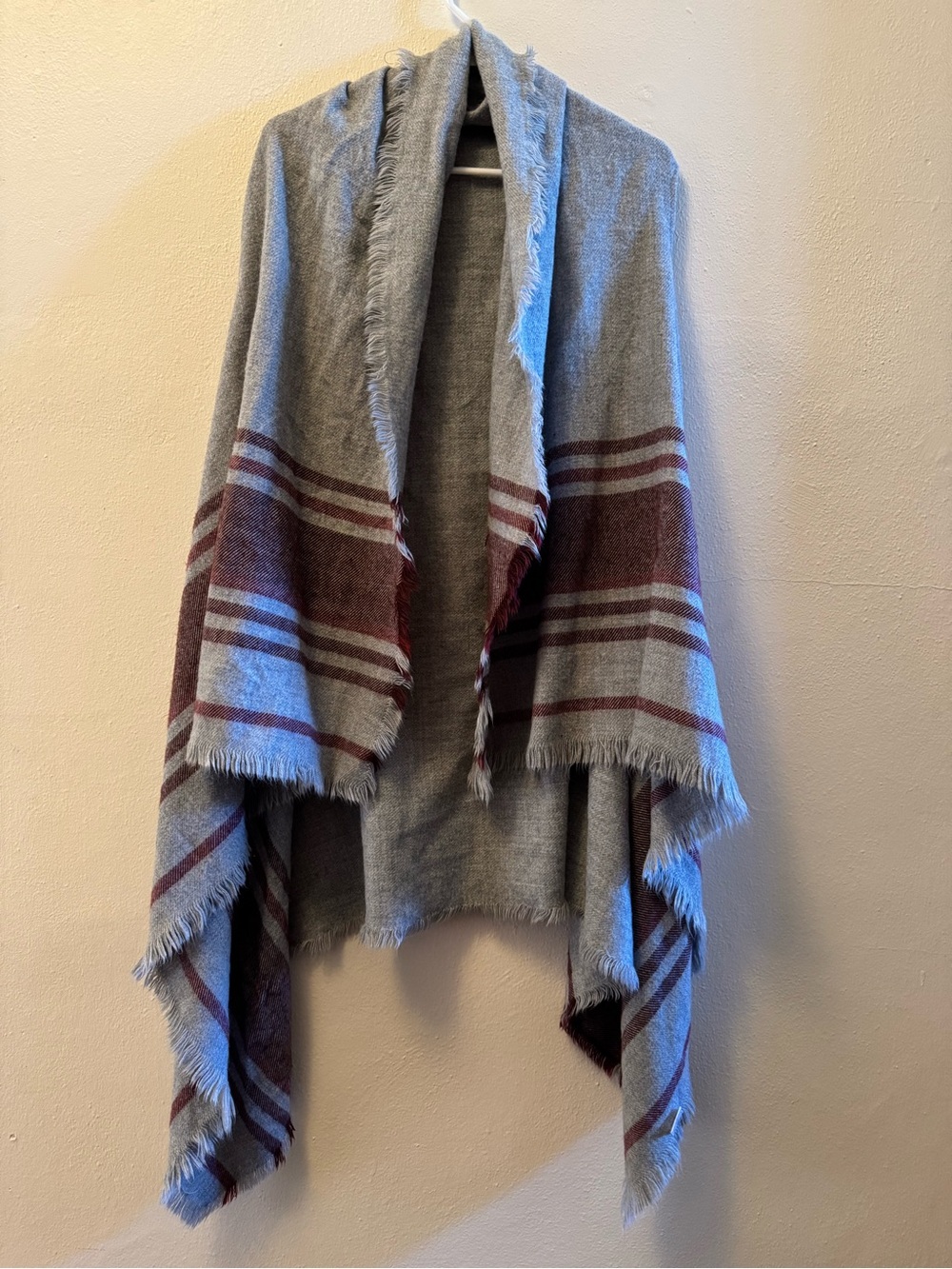 Papermoon Striped Fringe Shawl Wrap Gray Maroon Boho Poncho Cape- One Size